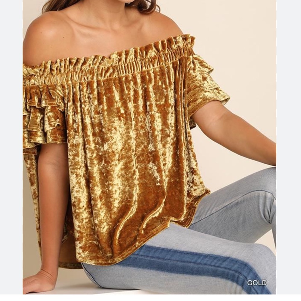 Umgee Off Shoulder Velvet Ruffle Gold Layered Top Size Large